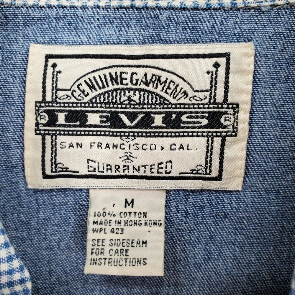 Vtg Levis Shirt Mens M Blue White Plaid Check 3/4 Sleeves Full Zip